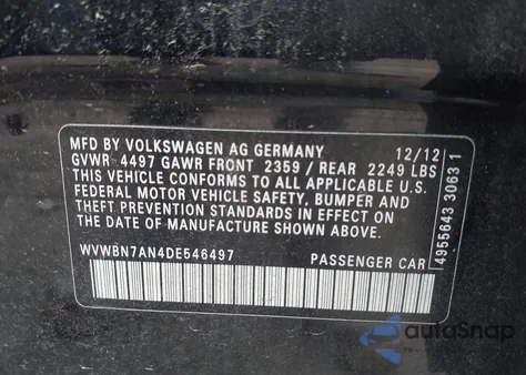 2013 Volkswagen Cc 2.0T Sport from USA, damaged, VIN WVWBN7AN4DE546497